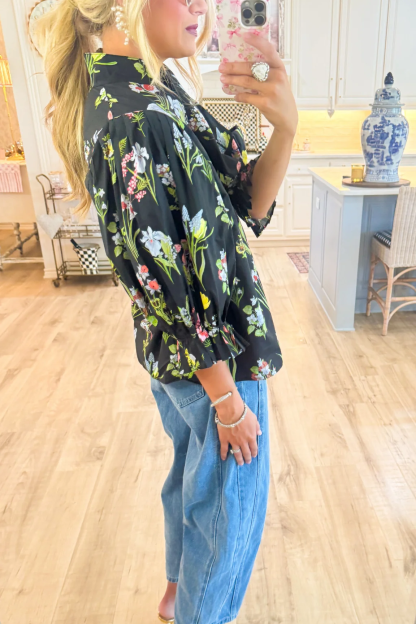 Black Botanical Print Blouse