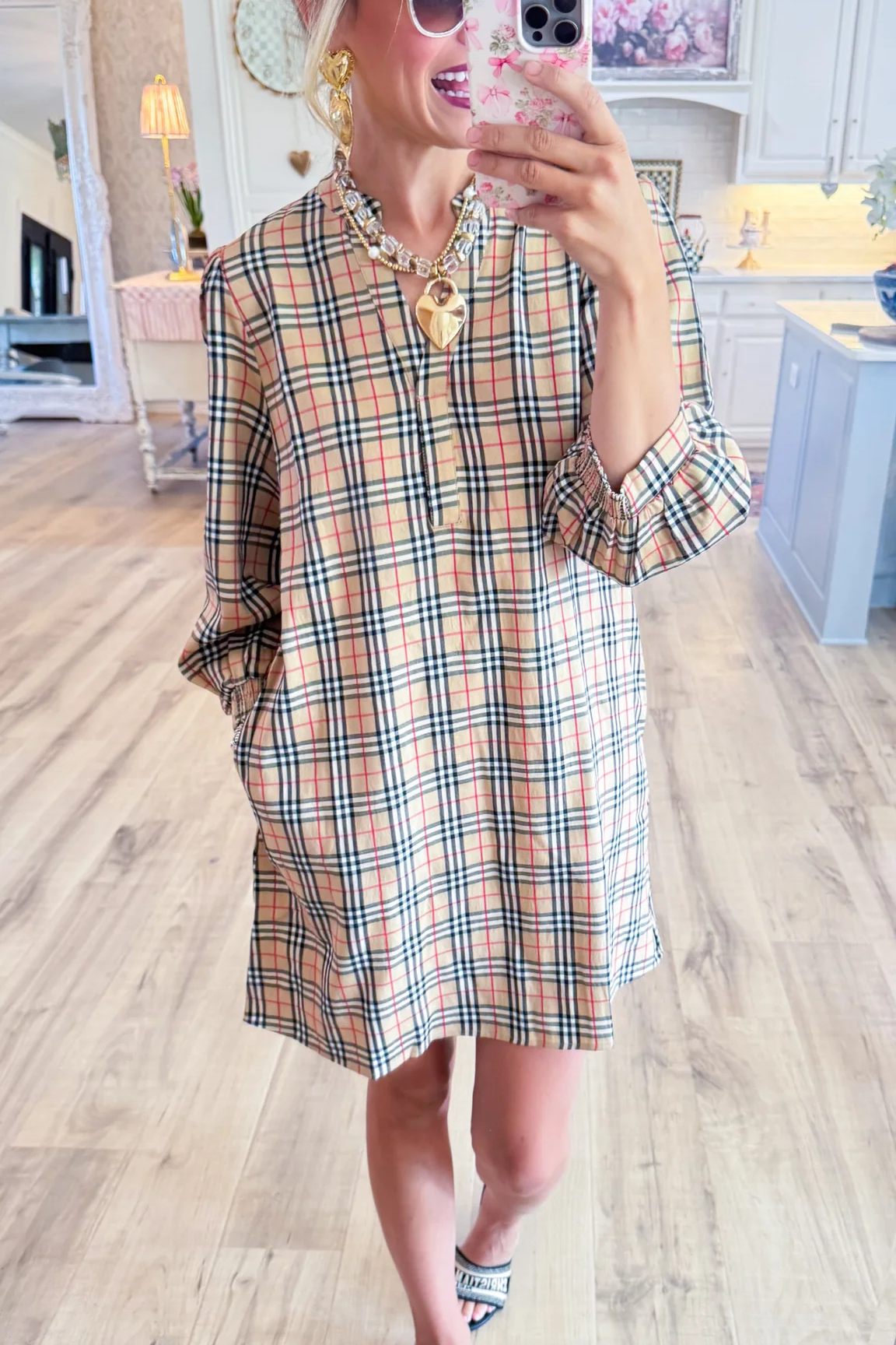 Taupe Mix Print Long Sleeve Mini Dress