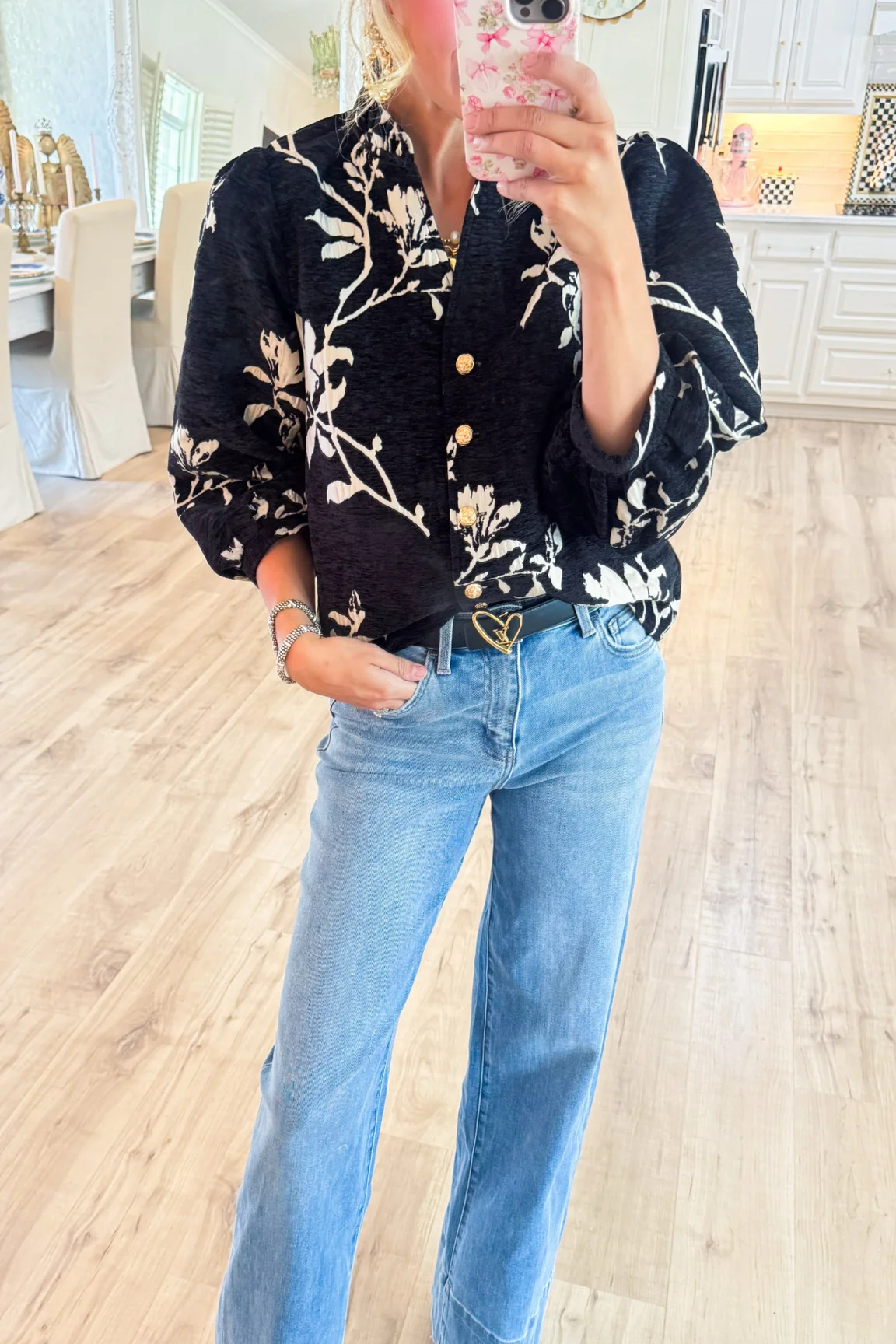 Black Button Down Floral Top