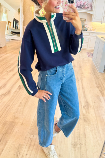 Navy Solid Contrast Detail Sweatshirt