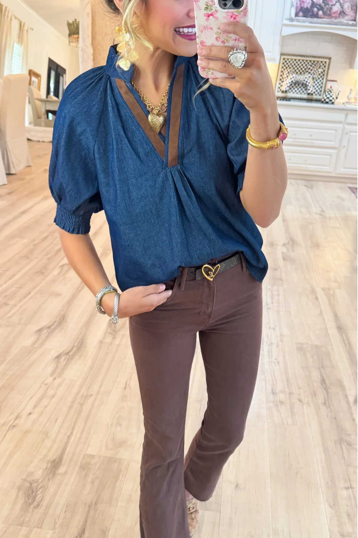 THML Denim V Neck Top