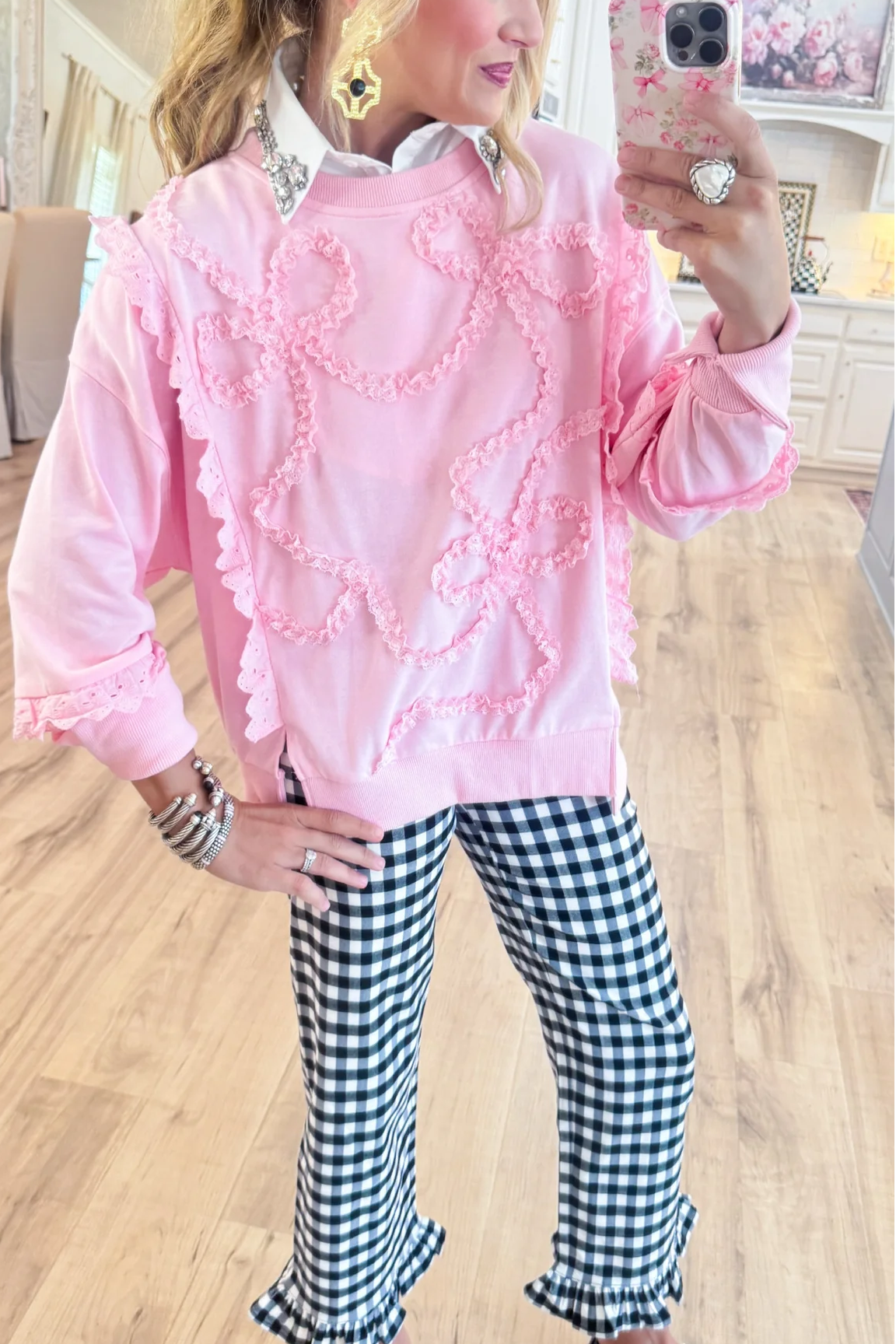 Pink Lace Bow Trim Sweatshirt