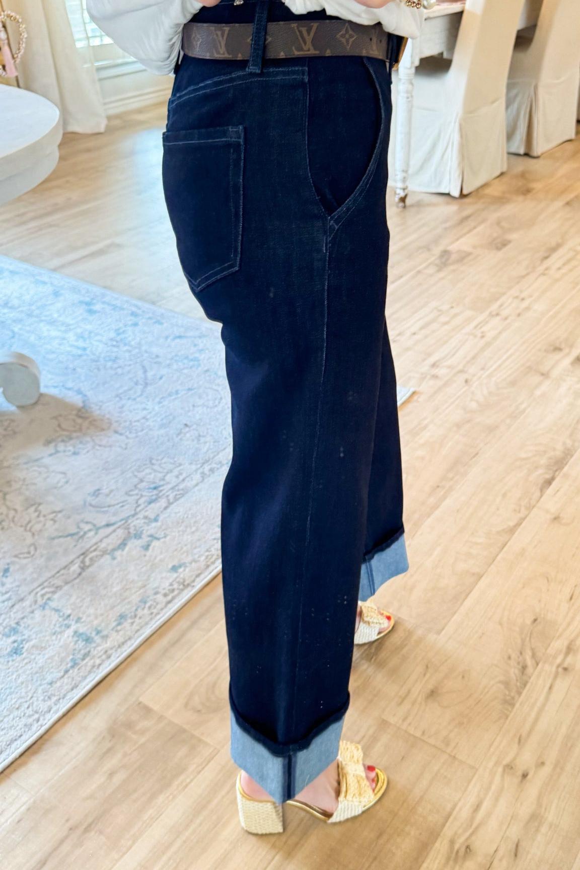 Dark Wide Leg Cuffed Jeans