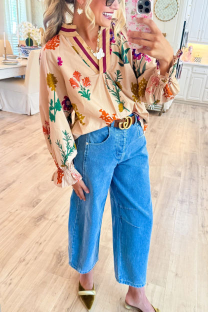 Tan Mix Floral V Neck Top