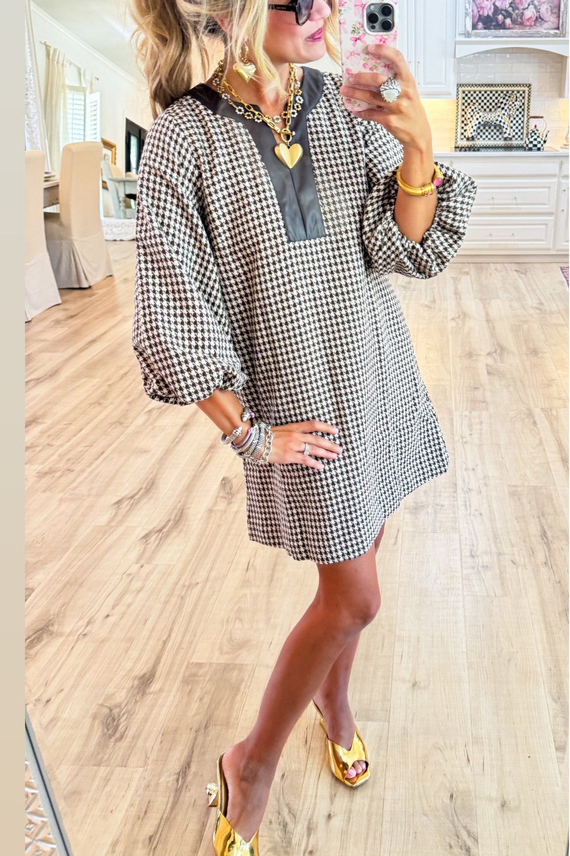 Brown Houndstooth Balloon Sleeve Dress