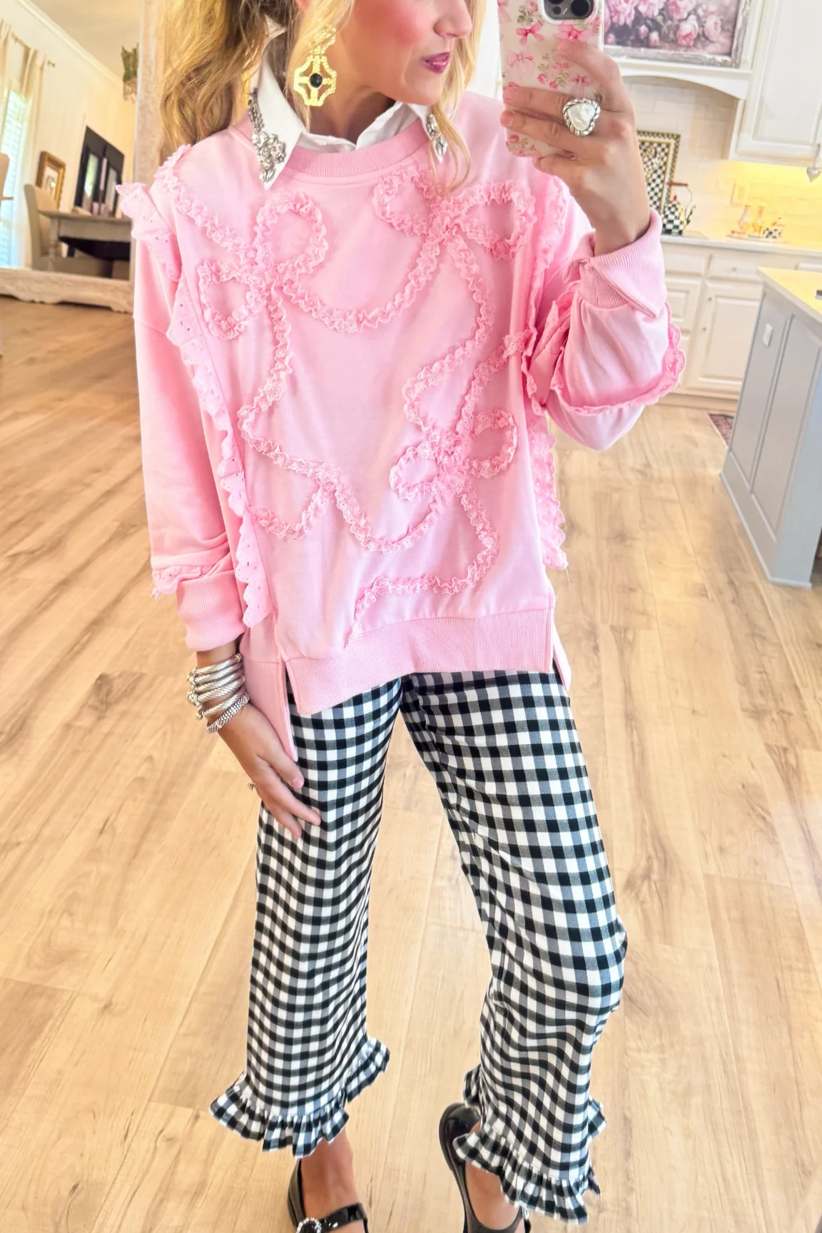 Pink Lace Bow Trim Sweatshirt