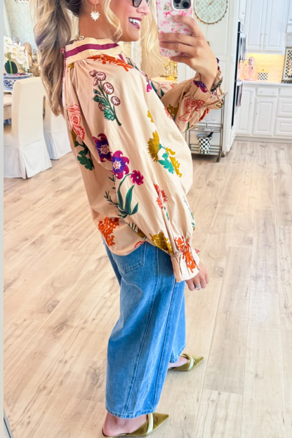 Tan Mix Floral V Neck Top