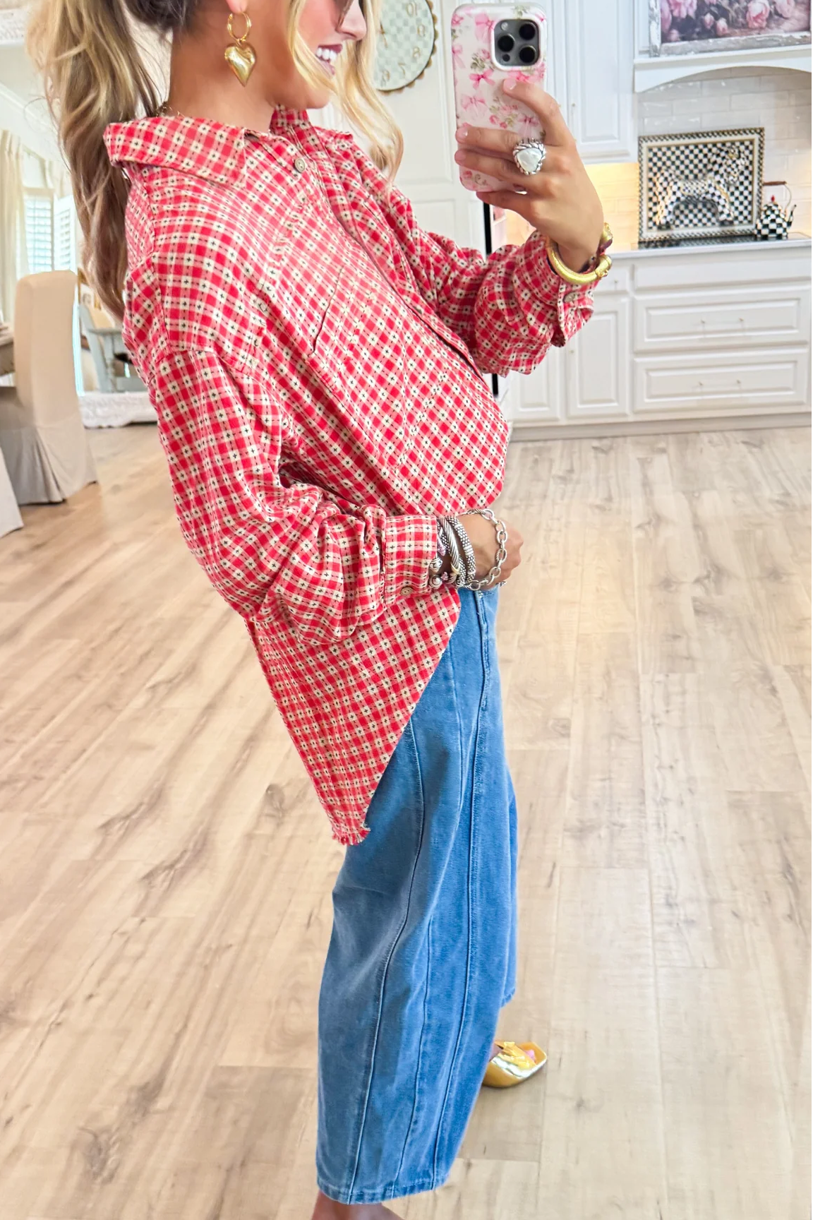 Boho Red Plaid Button Down Washed Shirt