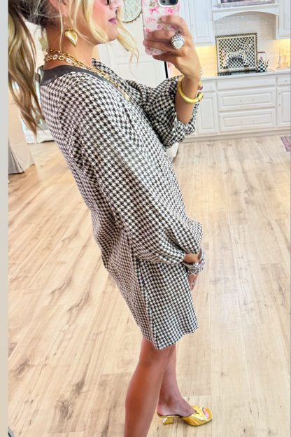 Brown Houndstooth Balloon Sleeve Dress
