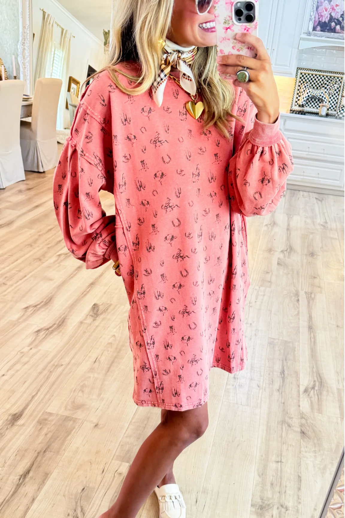 Faded Coral Western Print Washed Terry Pullover Dress