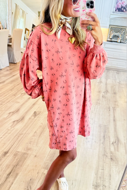 Faded Coral Western Print Washed Terry Pullover Dress