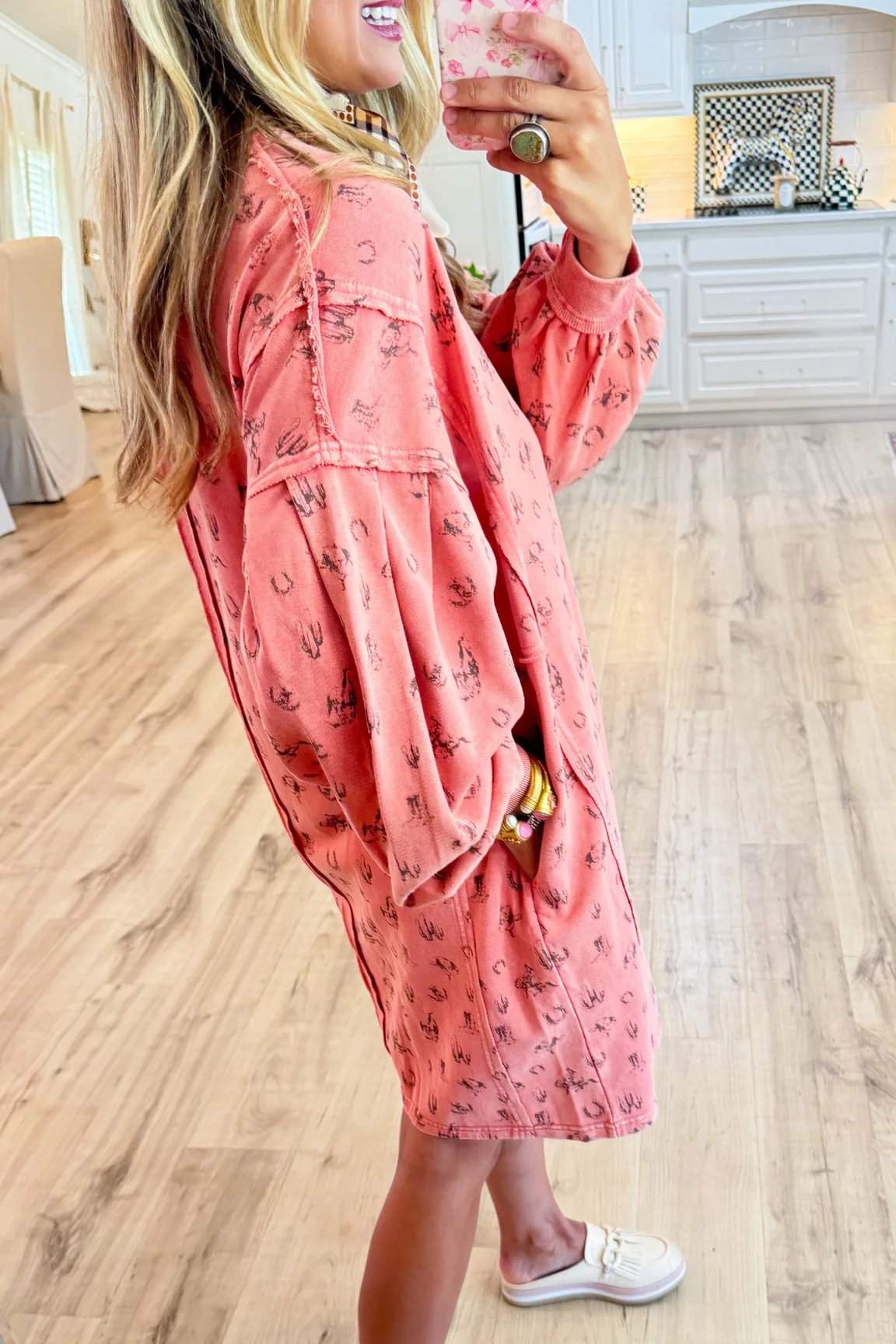 Faded Coral Western Print Washed Terry Pullover Dress