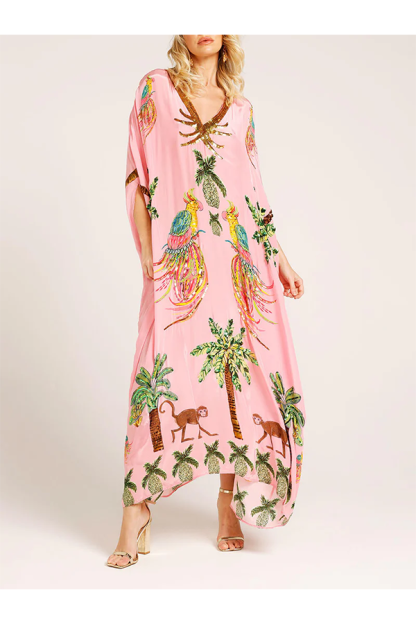 Unique Drop Shoulder Sleeve Coconut Tree Printed Dress