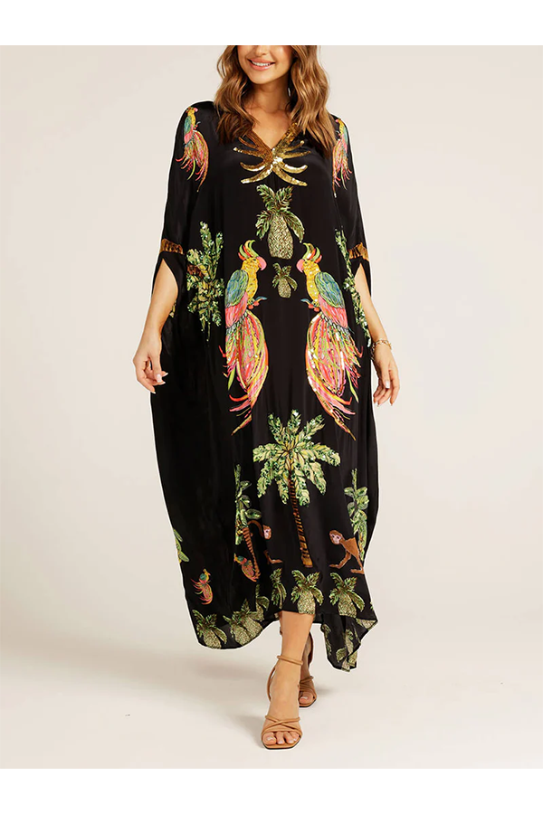 Unique Drop Shoulder Sleeve Coconut Tree Printed Dress