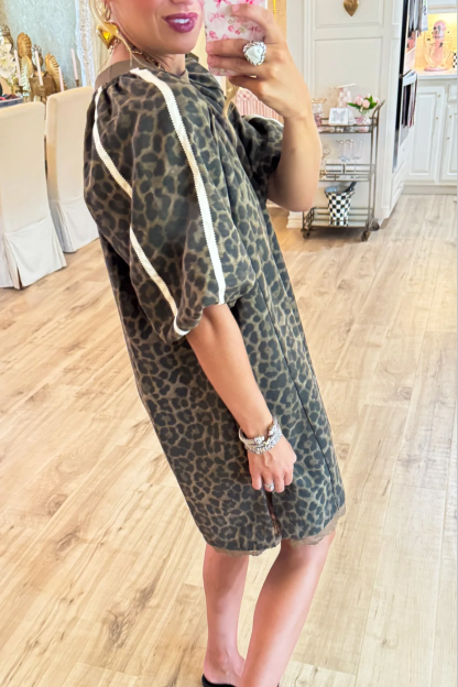 Brown Leopard Puff Sleeve Lace Trim Dress