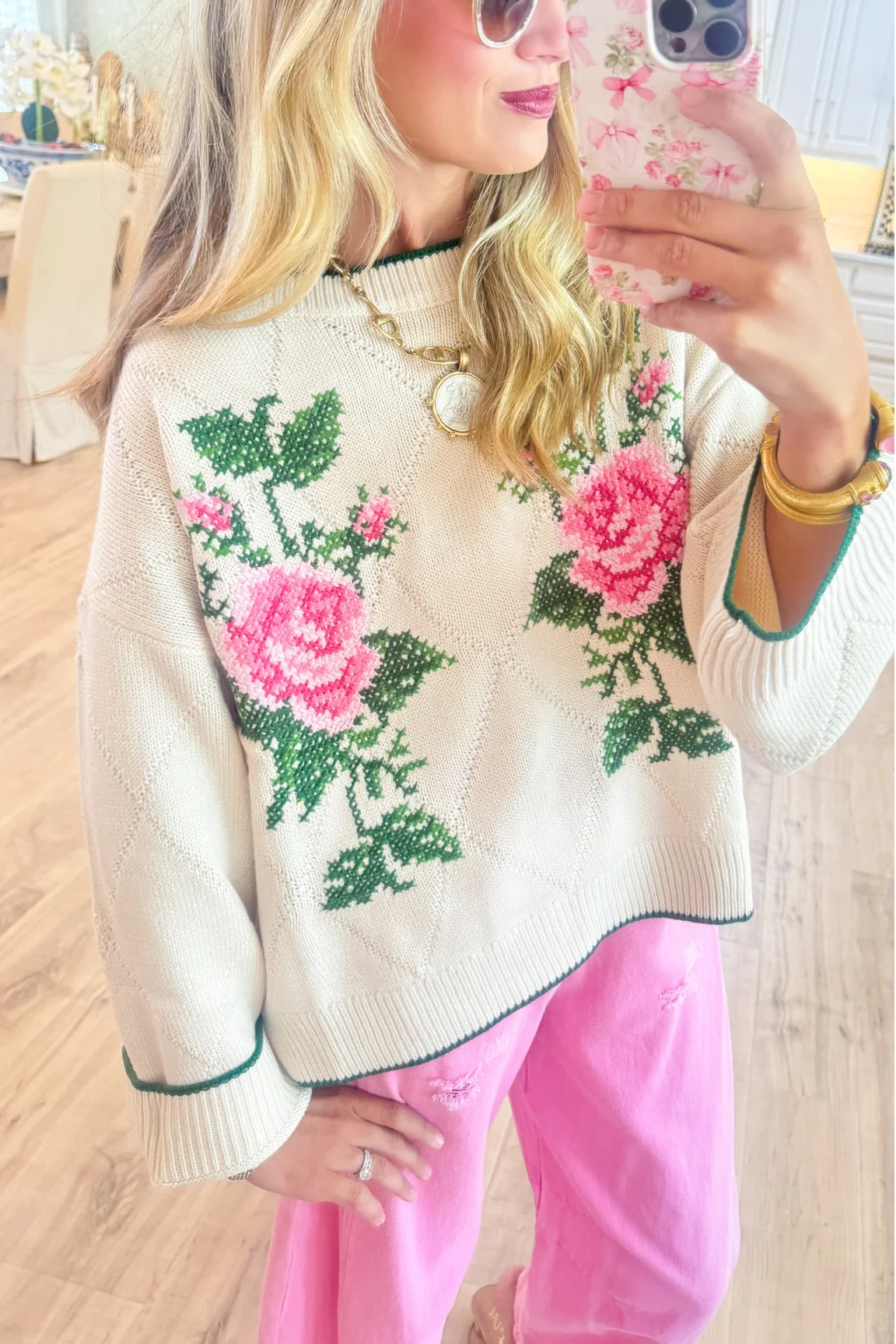 Ivory Rose Embroidered Knit Sweater