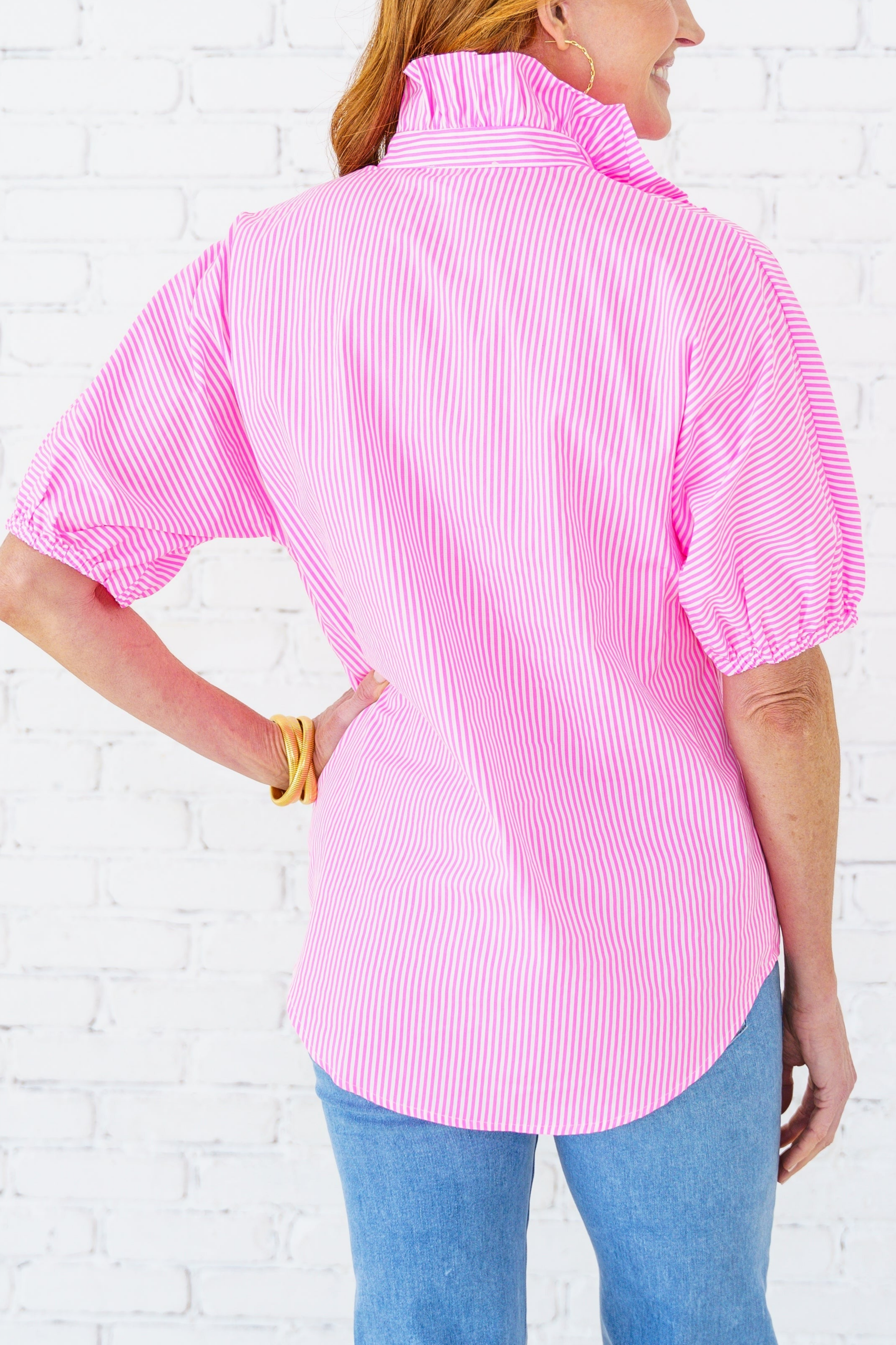 Pink Stripe Ruffle Collar Blouse