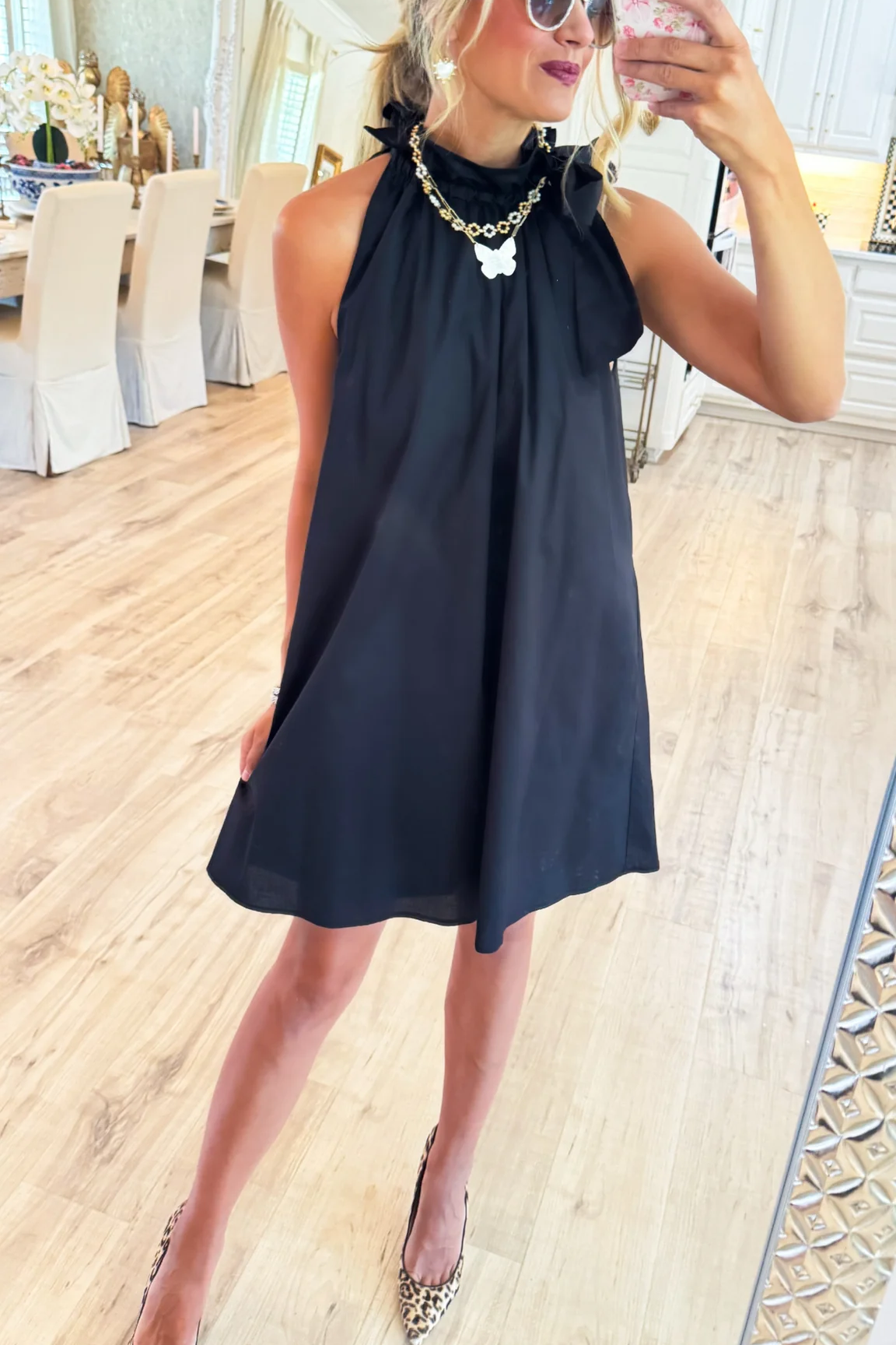 Black Ruffle Neck Bow Dress