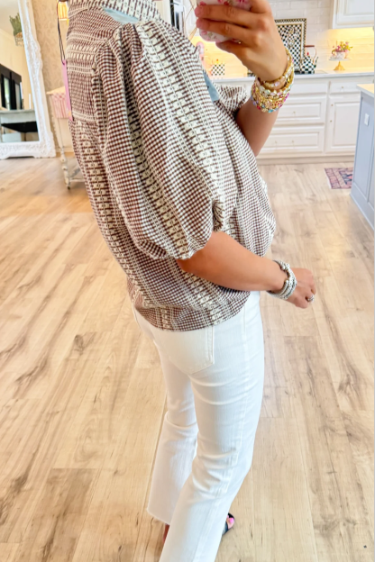 Brown Gingham Horse Embroidered Top