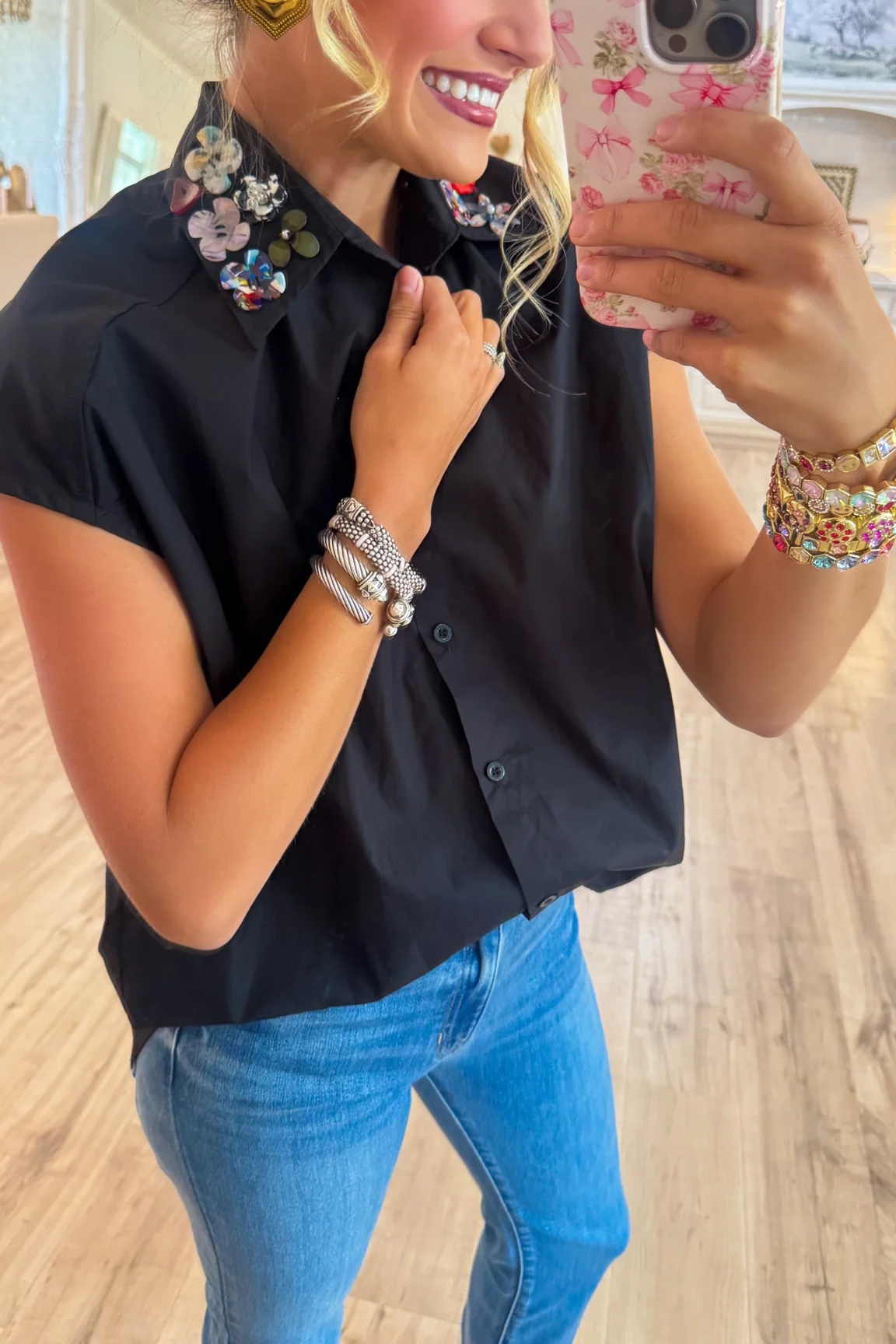 Black Multi Floral Button Collar Top