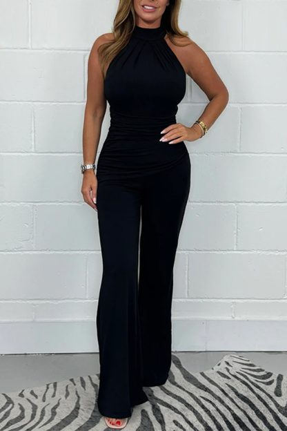 Pleated Halter Neck Ruched Waist Jumpsuit