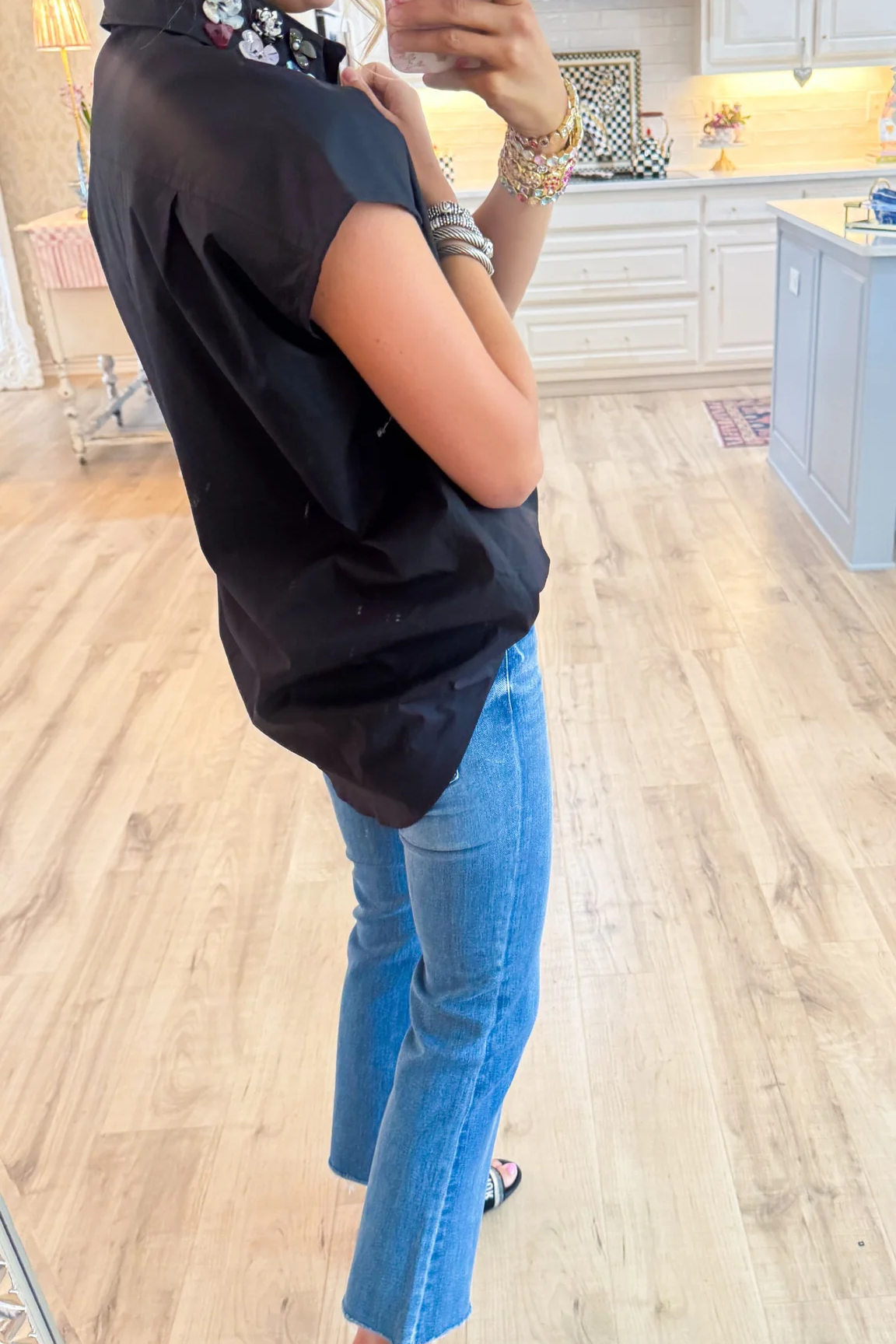 Black Multi Floral Button Collar Top