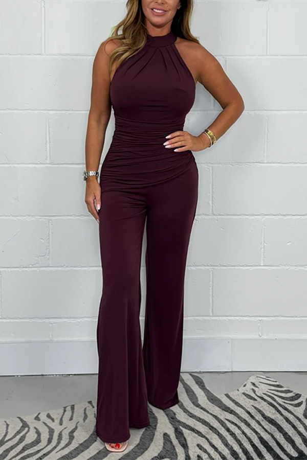 Pleated Halter Neck Ruched Waist Jumpsuit