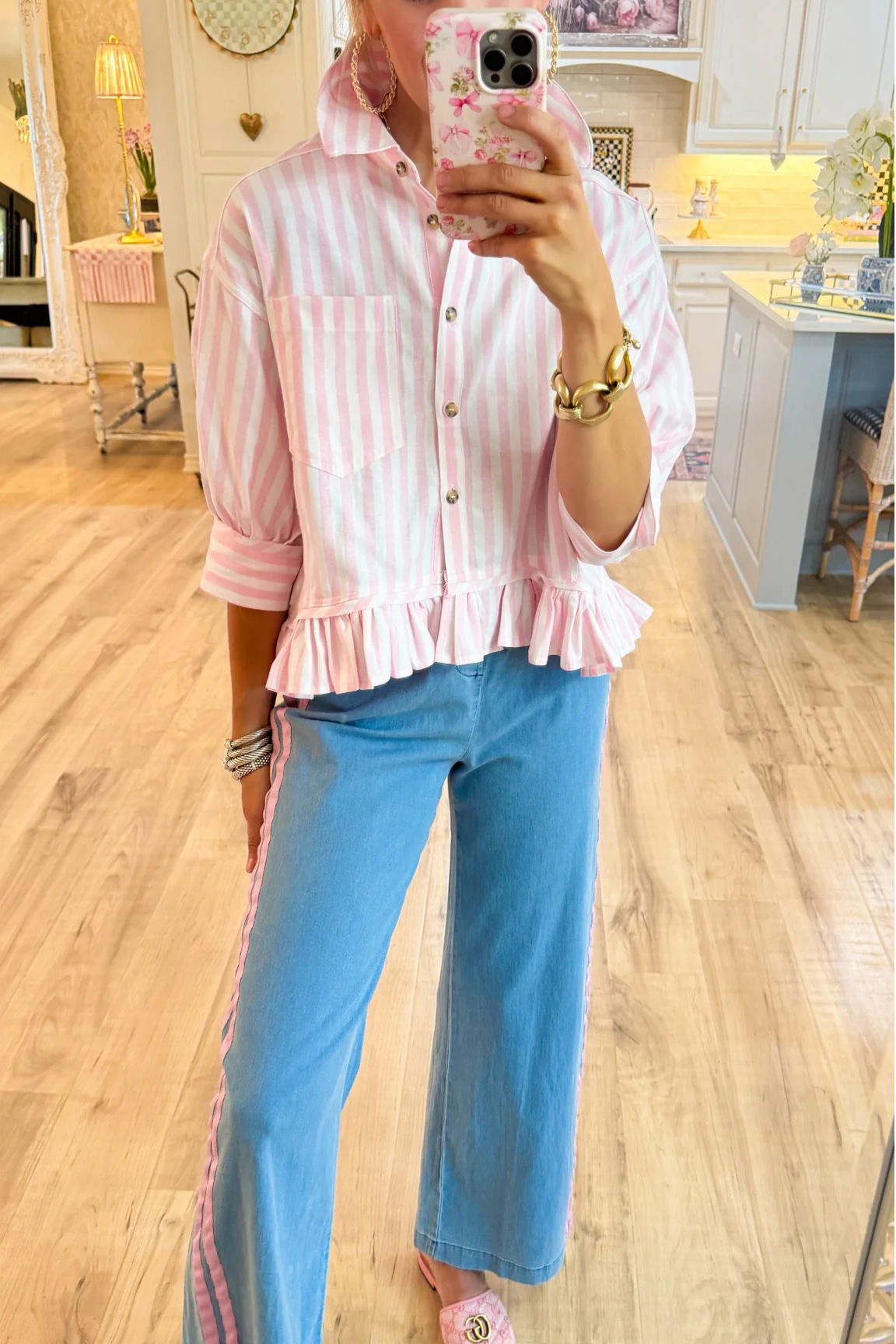 Pink Stripe Button Up Ruffle Hem Top