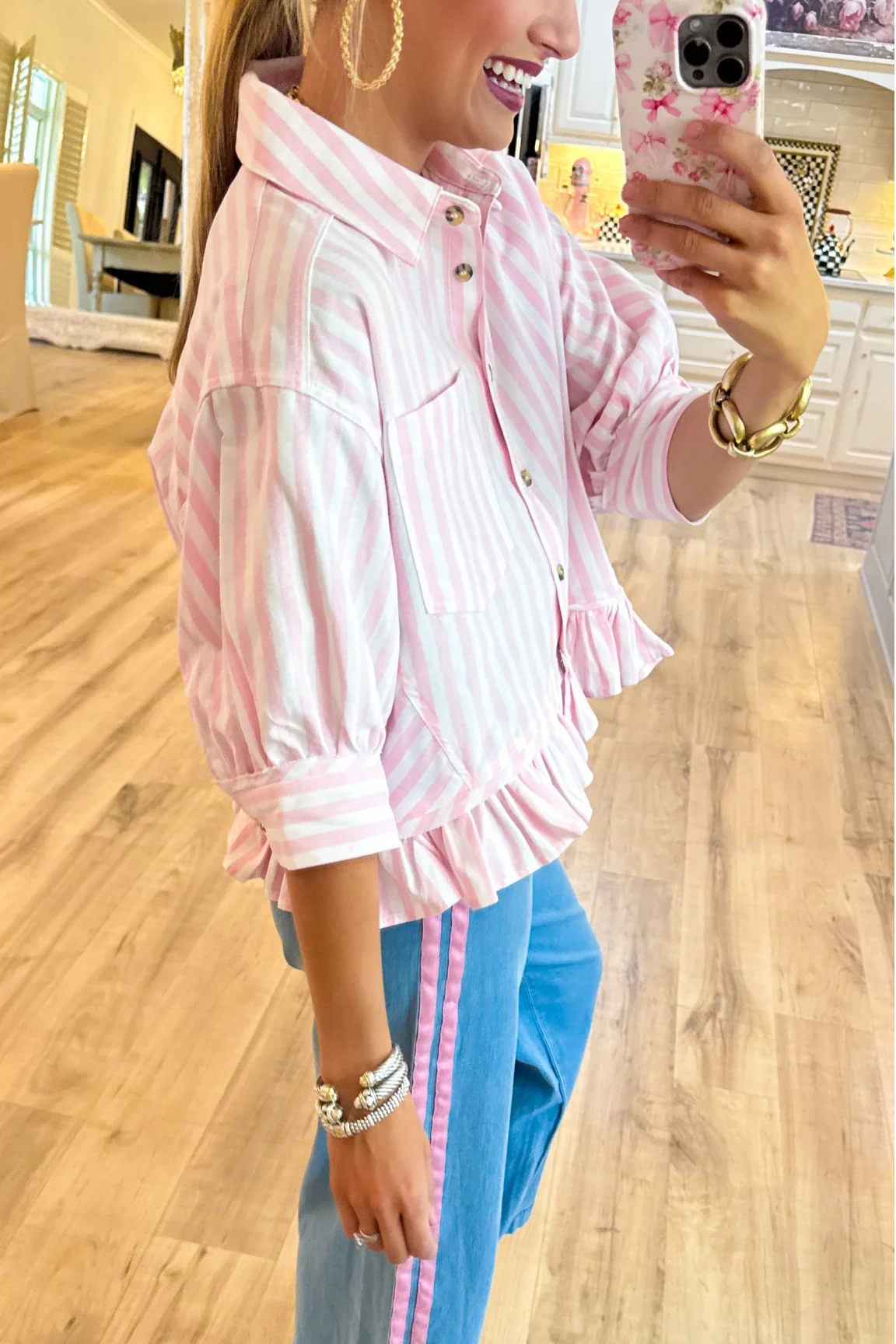 Pink Stripe Button Up Ruffle Hem Top