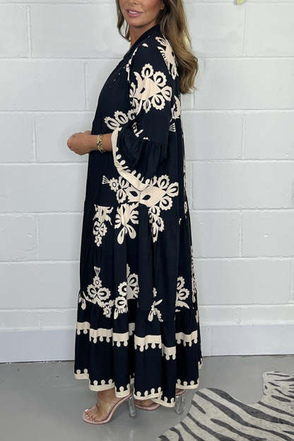 Cream & Black Printed Floaty Maxi Dress