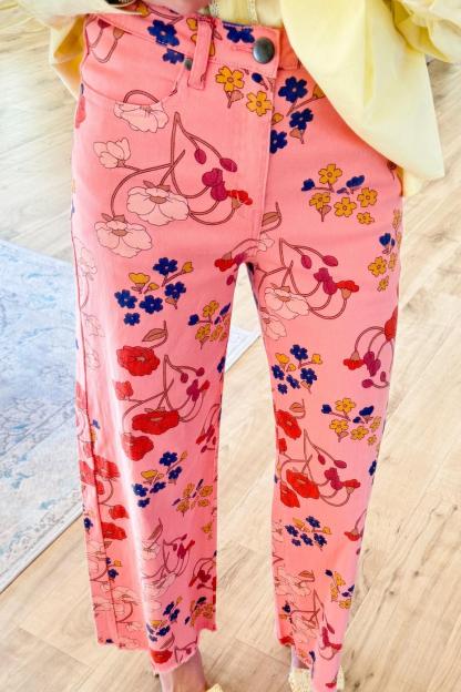 Coral Pink Floral Wide Leg Jeans