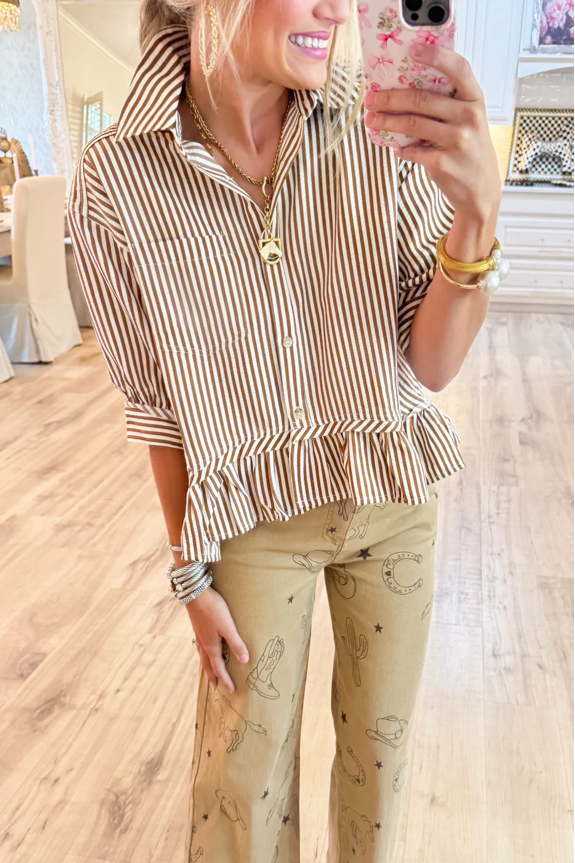 Brown Stripe Ruffle Hem Top