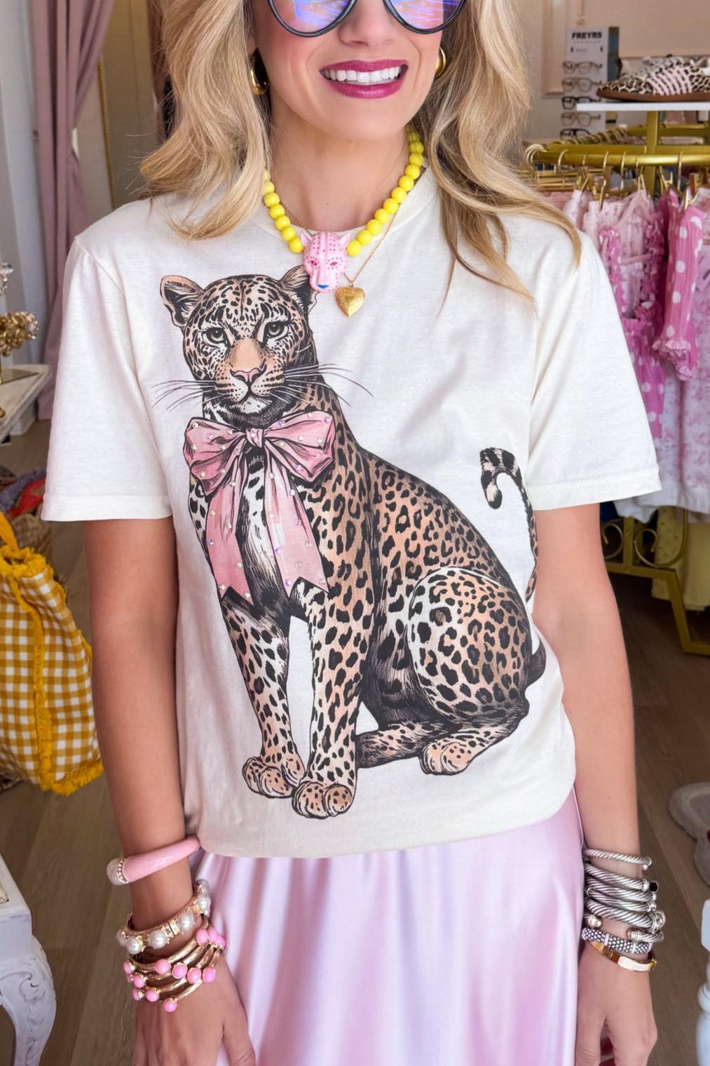 Leopard Rhinestone Pink Bow Tee