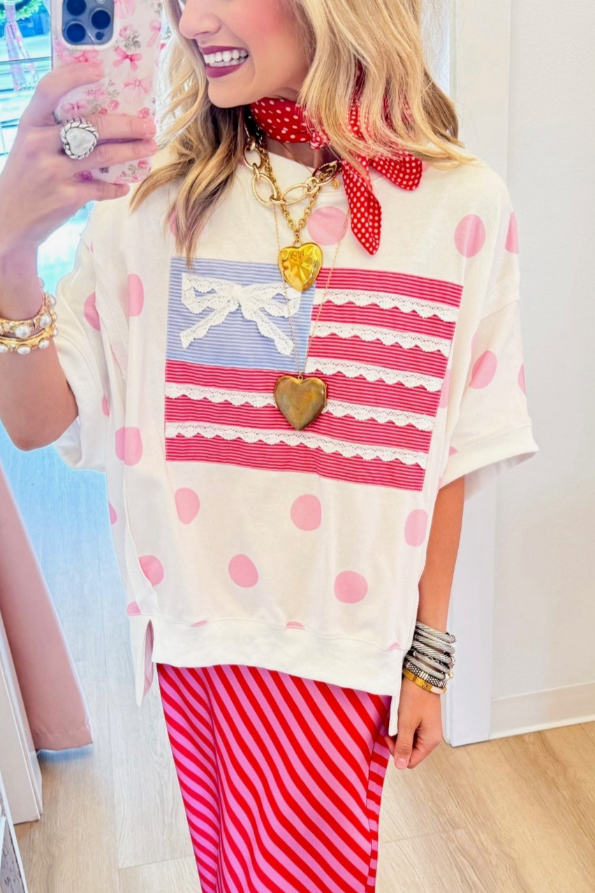 Light Pink and Blue Polka Dot Stars and Stripe Top