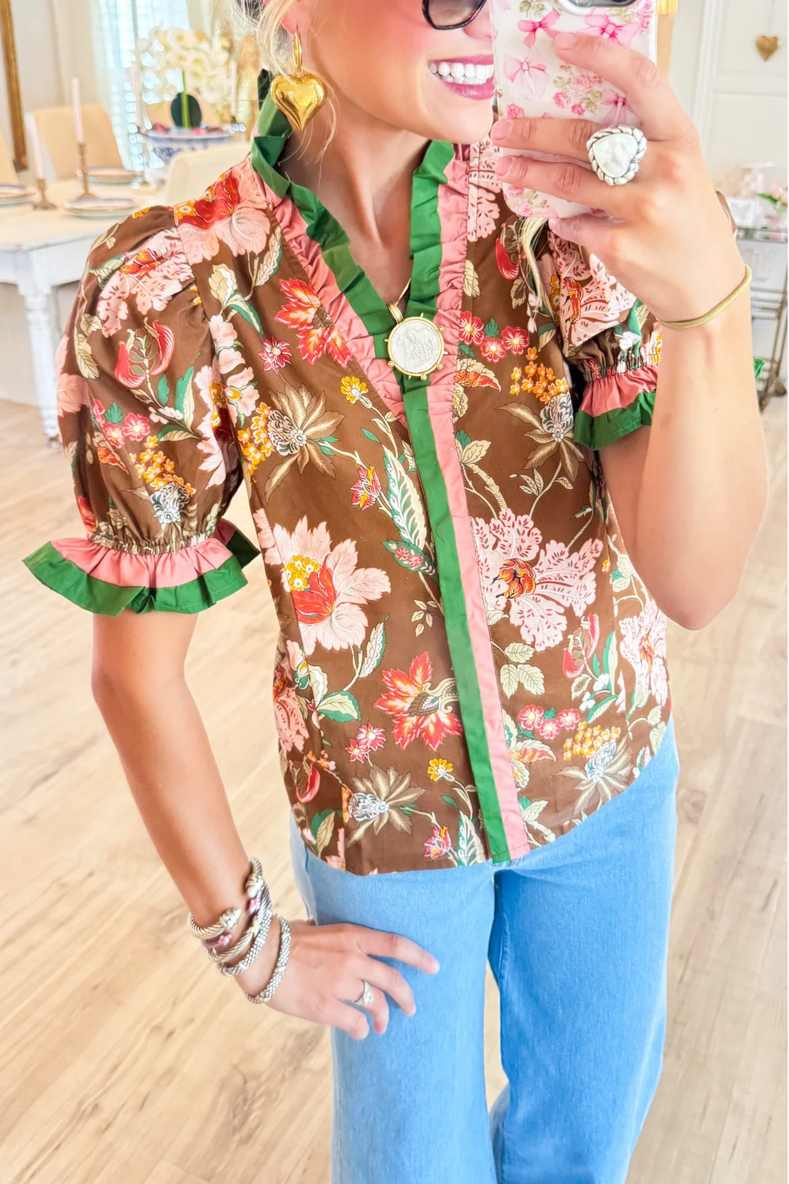 Brown Floral Print Ruffle Puff Sleeve Top