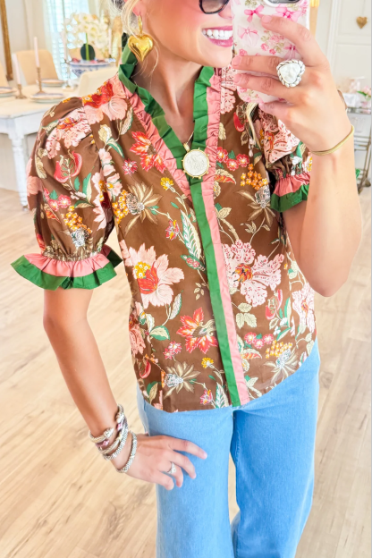 Brown Floral Print Ruffle Puff Sleeve Top