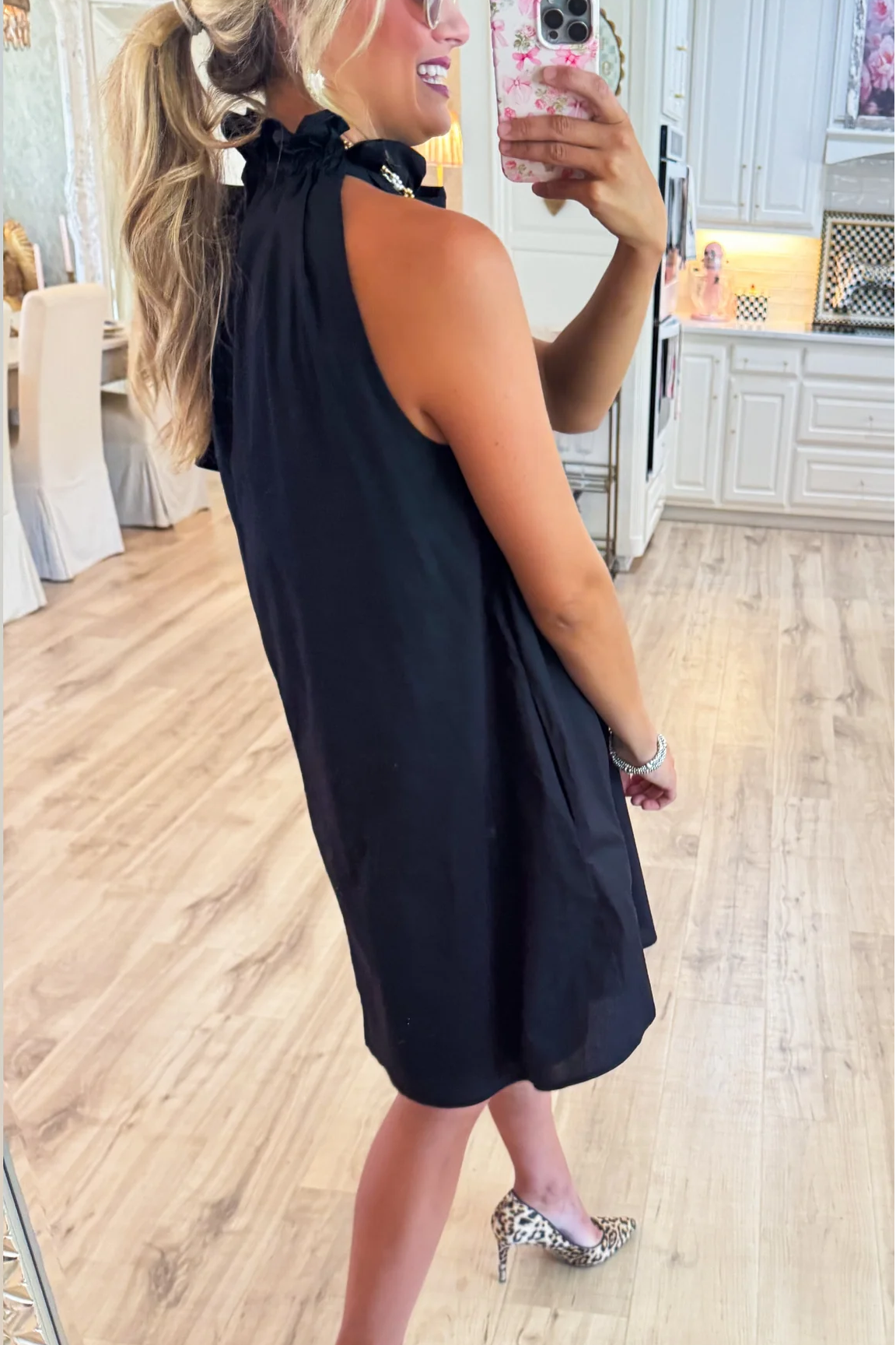 Black Ruffle Neck Bow Dress