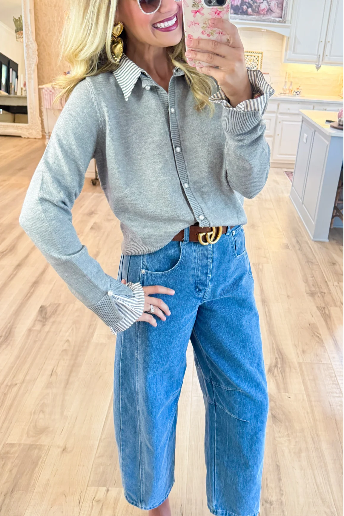 Grey Knit Contrast Collar Cardigan