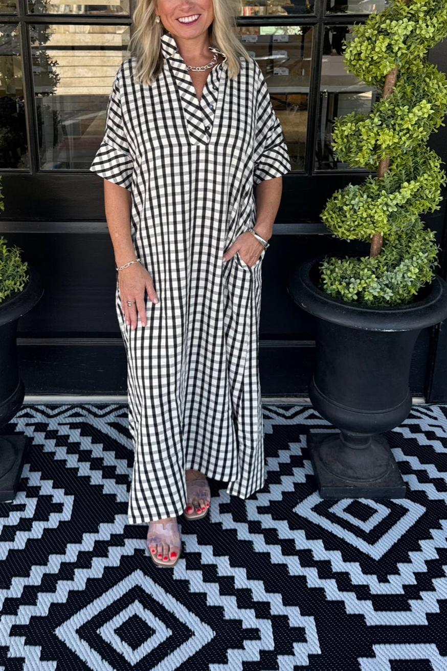 Gingham Stand Collar Side Slit Maxi Dress
