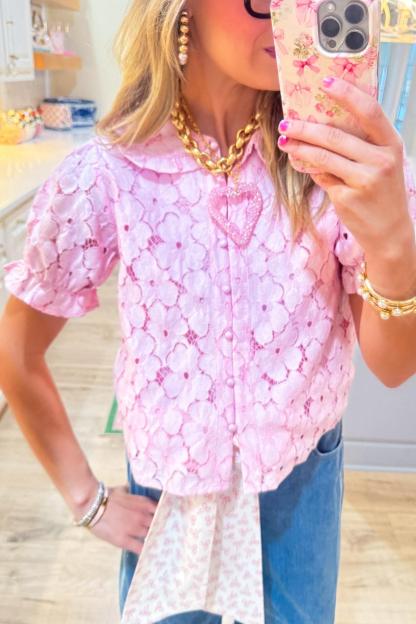 Pink Floral Lace Short Sleeve Top