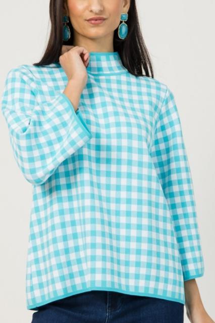 Loose-fitting blue and white checkered top