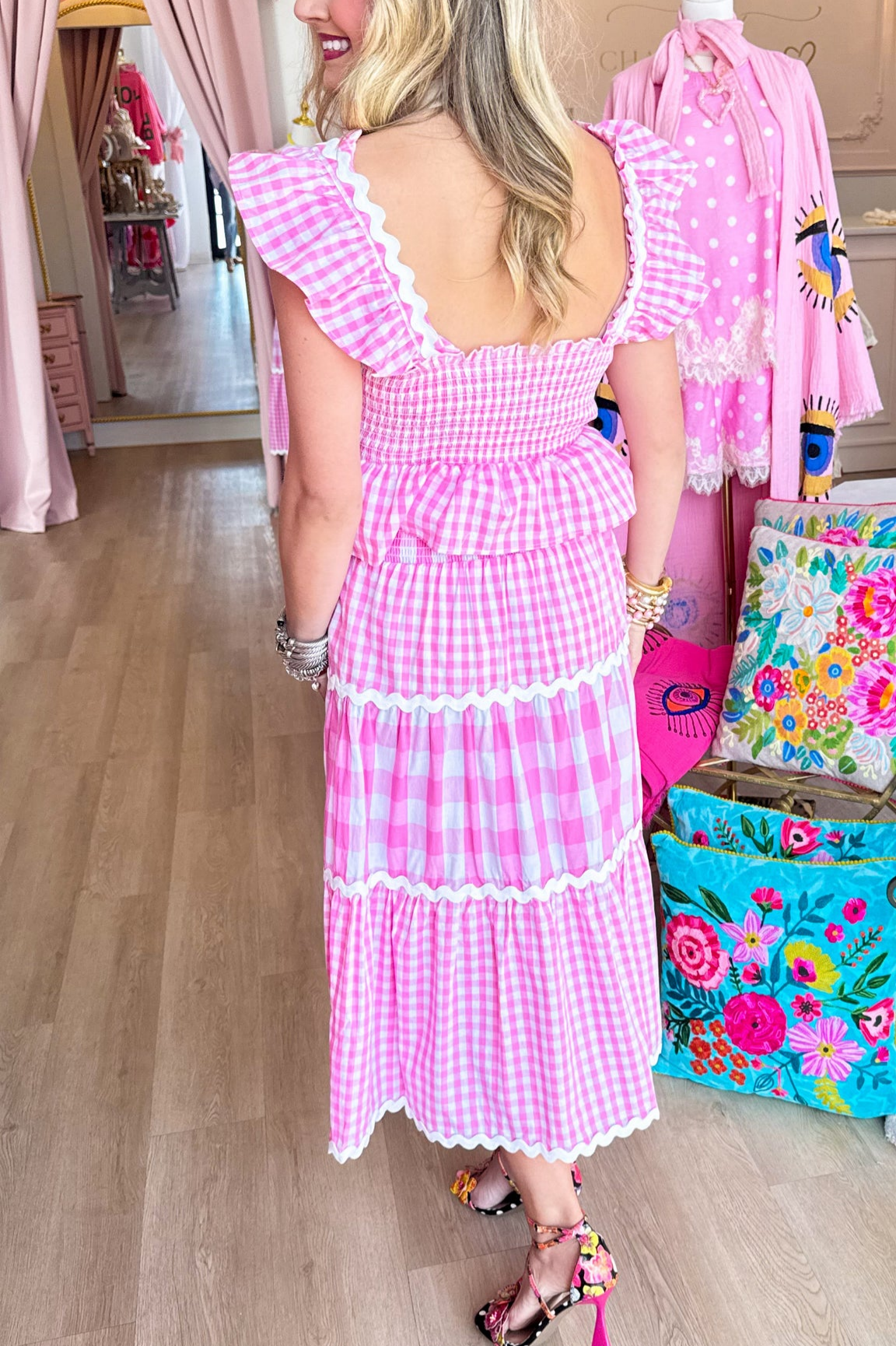 Pink Gingham Ric Rac Trim Skirt Set