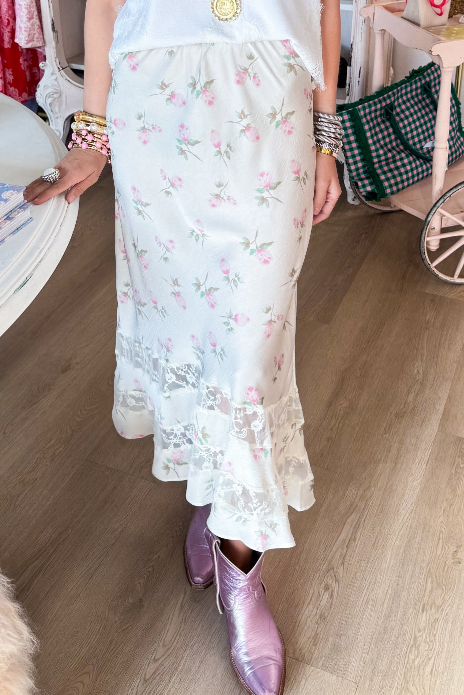 Ivory and Pink Floral Lace Trim Maxi Skirt