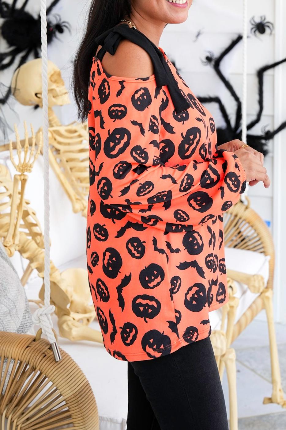 Halloween Print Long Sleeve Top with One Shoulder Self-Tie Detail