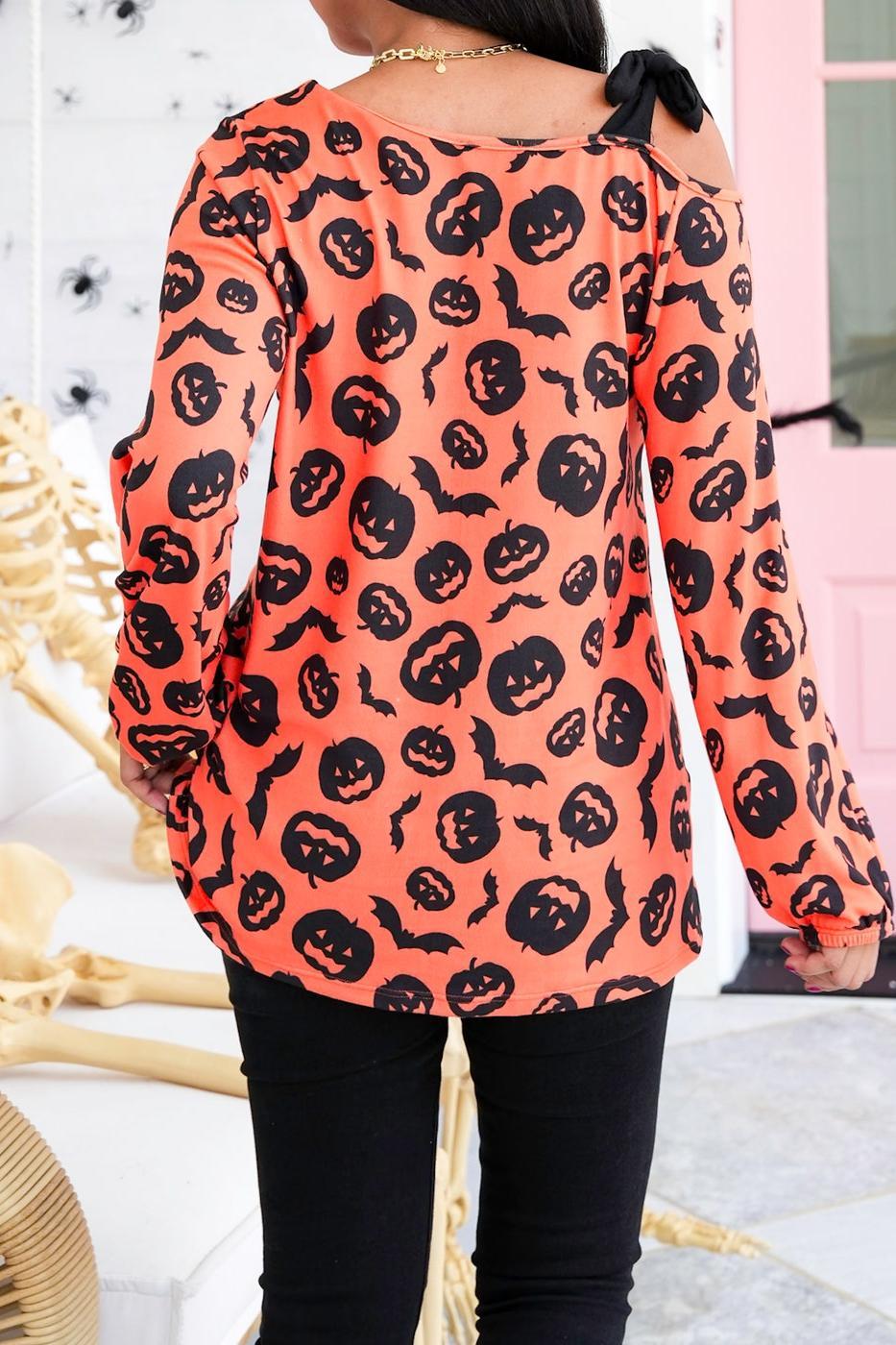 Halloween Print Long Sleeve Top with One Shoulder Self-Tie Detail