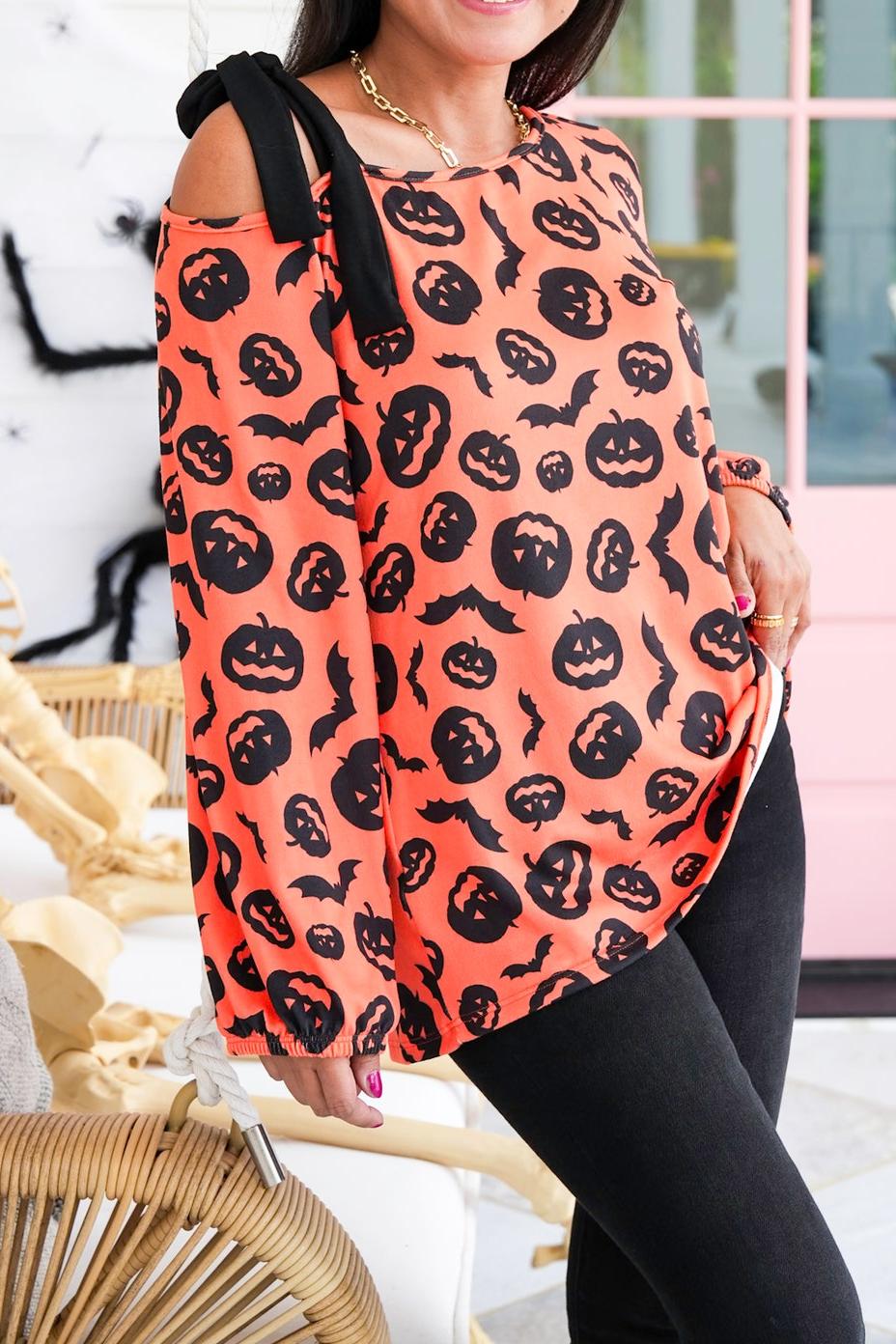 Halloween Print Long Sleeve Top with One Shoulder Self-Tie Detail