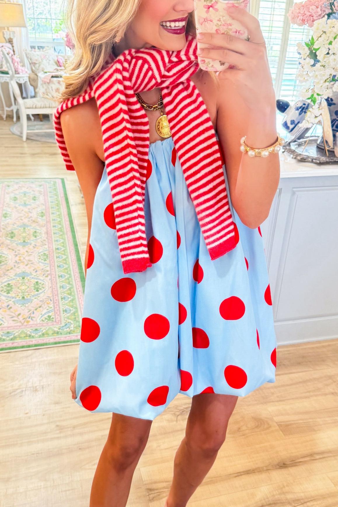 Blue and Red Polka Dot Strapless Dress