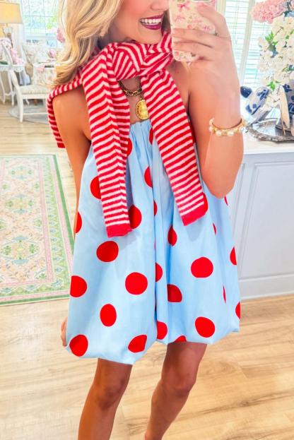 Blue and Red Polka Dot Strapless Dress