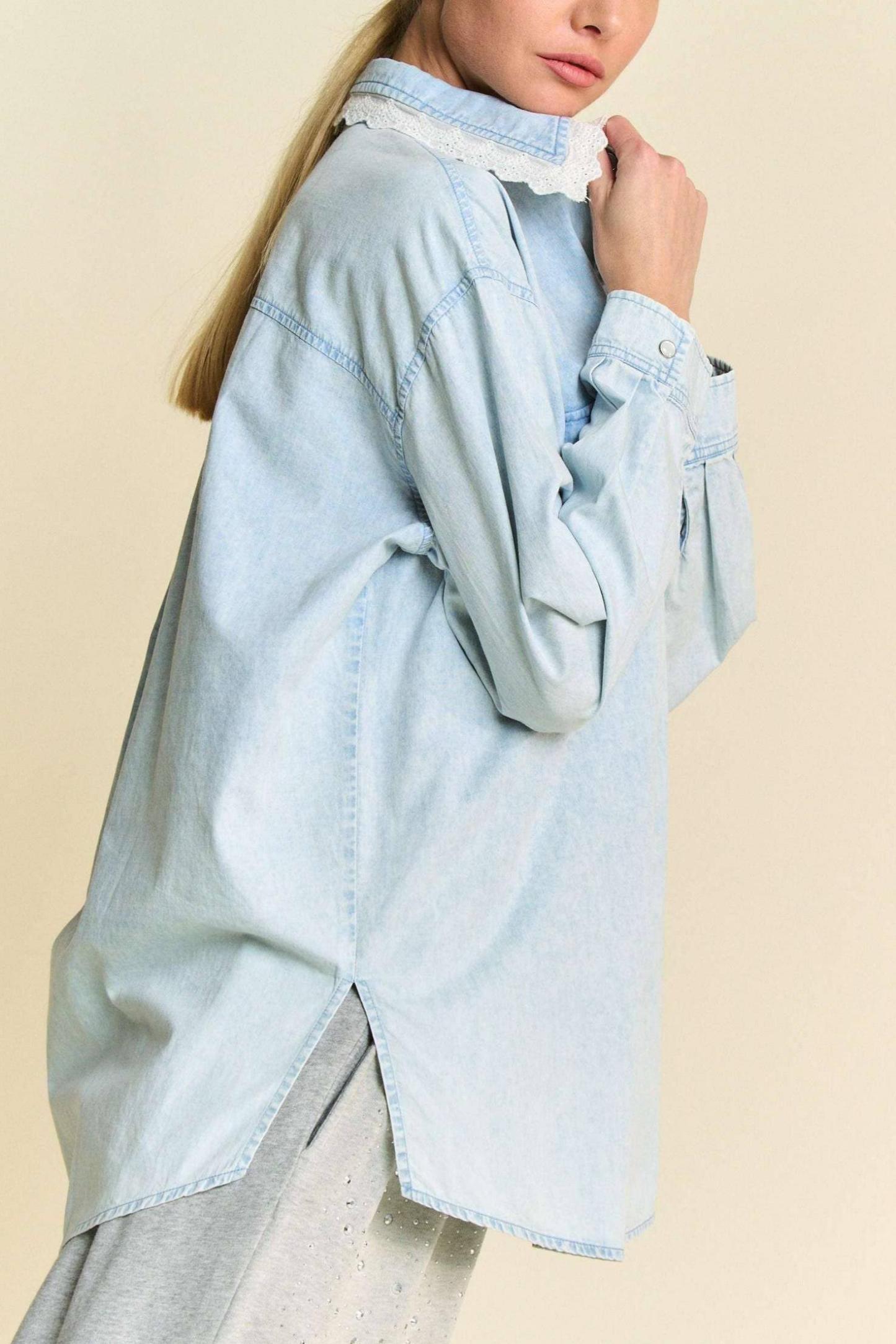 Lightweight Washed Lace Edge Waffle Knit Top