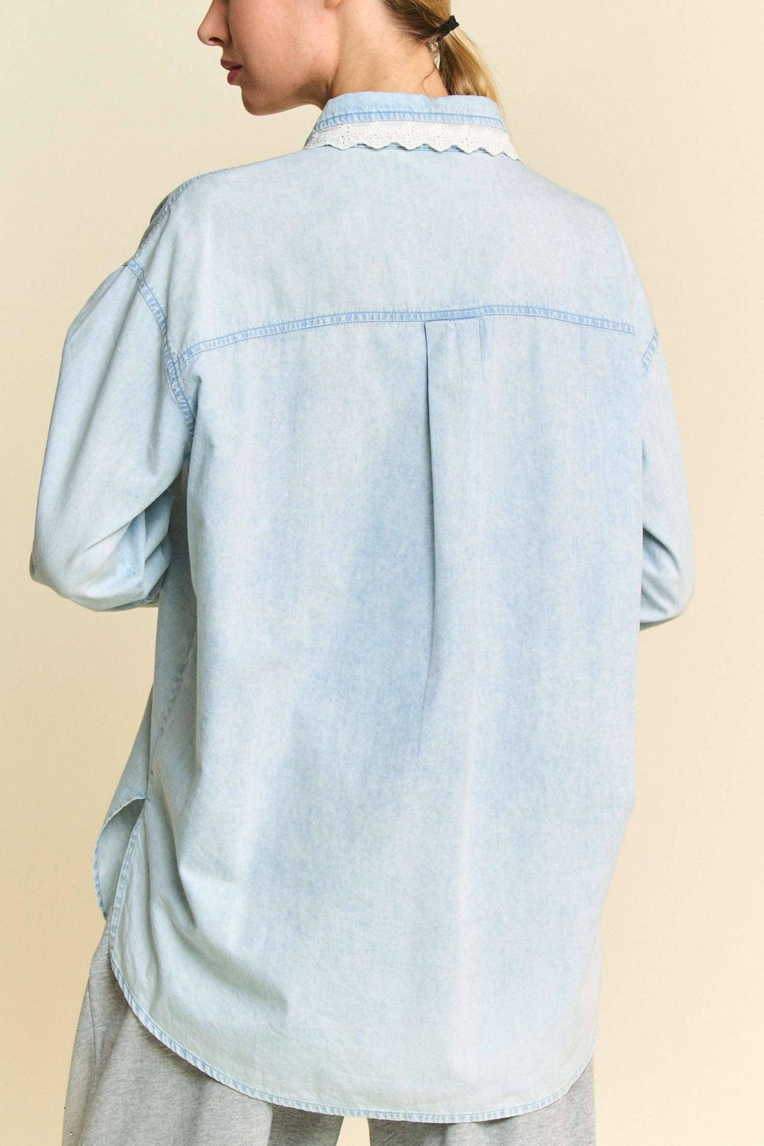 Lightweight Washed Lace Edge Waffle Knit Top